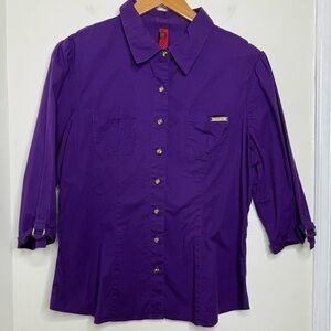 Y2K Apple Bottoms Fitted Blouse Top Purple Gold Women’s Size Large 3/4 Sleeves
